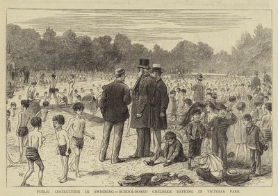 Openbare zwemles, schoolkinderen baden in Victoria Park door William Ralston